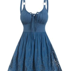 Hollow Out Flower Embroidery Mini Dress O Ring Straps Lace-up A Line Dress Sleev